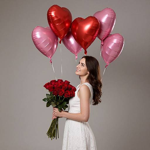 Brunette Woman with Roses and Balloons