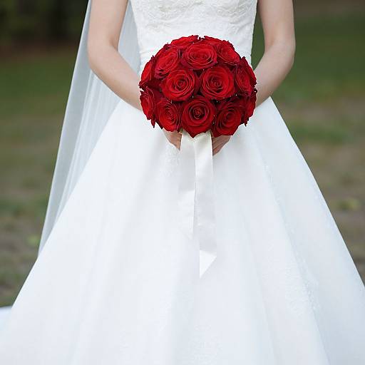 Photograph of a bride in a white wedding dress holding a vibrant red rose bouquet, with a blurred green outdoor background.