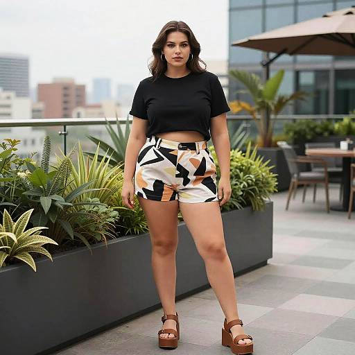 Photograph of a young woman with dark hair, black crop top, and white-black geometric shorts, standing on a modern rooftop terrace with plants and urban