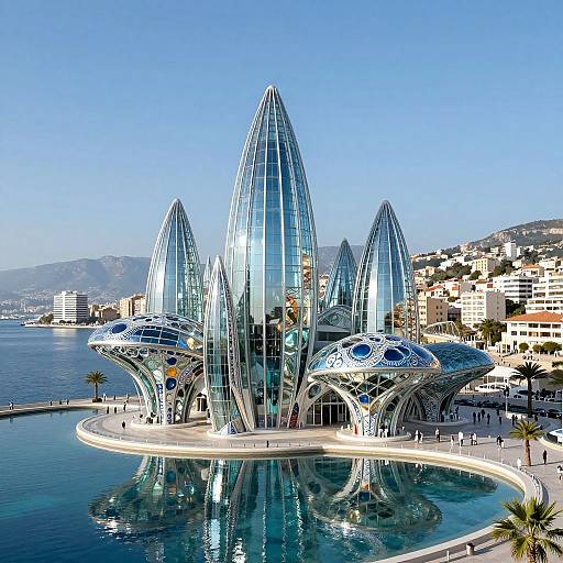 Photograph of the futuristic Aqua Dome in Liege, Belgium, featuring four glass-encased, pyramid-shaped structures reflecting in a circular pool, with