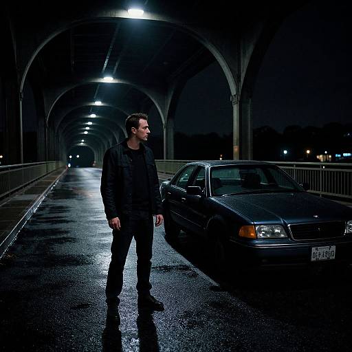 Photograph of a man in black clothes standing beside a dark car on a wet, illuminated bridge at night.