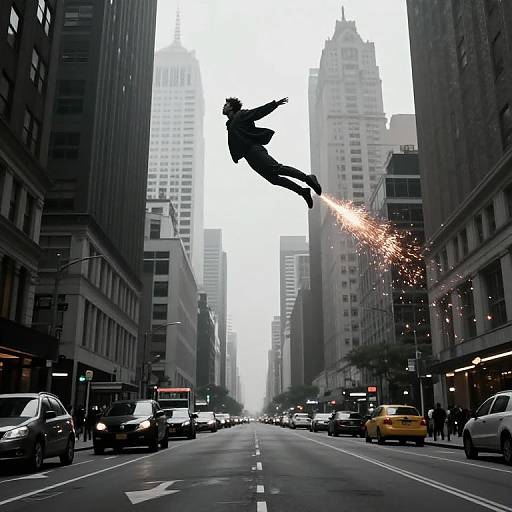 Photograph of a silhouetted figure mid-air, shooting sparks, in a foggy urban street canyon with tall buildings and yellow taxis.