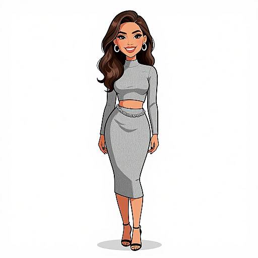 Digital illustration of a smiling woman with long dark hair, wearing a gray long-sleeve crop top and high-waisted pencil skirt, accessorized