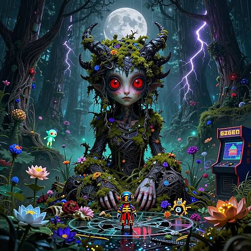 Digital fantasy artwork: Horned, red-eyed creature with moss-covered body sits in glowing forest, surrounded by flowers, lightning, and arcade game.