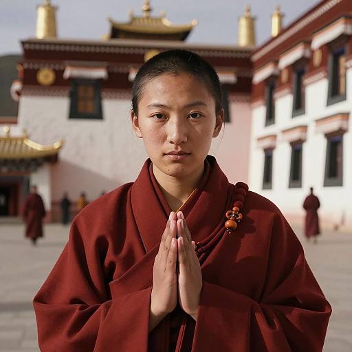 Tibetan Monk Praying at Ancient Temple