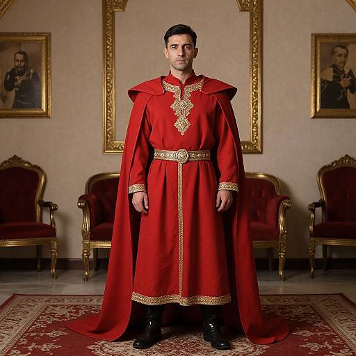 Photograph of a man in a red, ornate medieval-style robe with gold trim, standing in an opulent room with gold-framed portraits and