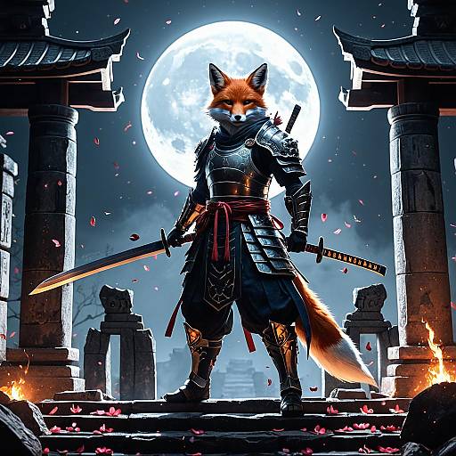 Yokai Fox Spirit Samurai at Ancient Temple Ruins