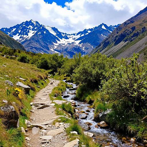 Vibrant photograph of a rocky mountain trail winding through lush greenery, leading to snow-capped peaks under a partly cloudy sky.