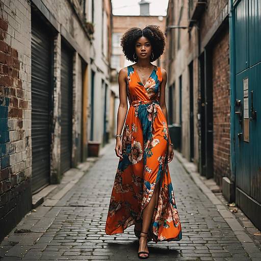Woman Walking in Floral Maxi Dress on Historic Lane