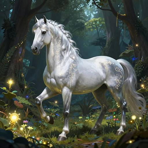 Digital fantasy artwork of a glowing white horse with ethereal symbols, standing in a magical forest illuminated by glowing fireflies.
