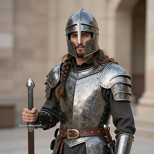 Photorealistic image of a bearded man with long brown hair, wearing medieval silver armor, helmet, and holding a sword, standing in a stone