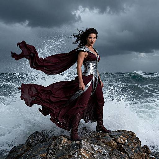 Photograph: Dark-haired woman in metallic corset and flowing maroon cape stands defiantly on rocky shore, waves crashing, stormy sky overhead.