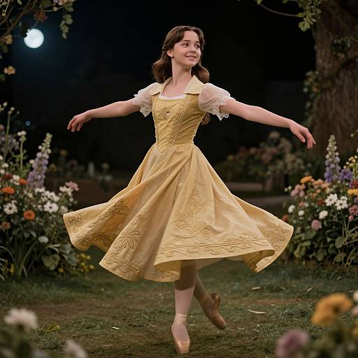 Photograph of a smiling woman in a yellow, embroidered, 1950s-style dress with white lace sleeves, dancing in a moonlit garden.