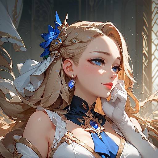 Digital art of a beautiful, blonde, blue-eyed woman in a white, blue, and gold fantasy dress with blue flowers, white gloves, and a