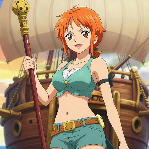 Anime-style drawing of a red-haired woman with orange eyes, wearing a teal crop top and shorts, holding a staff, in front of a pirate ship