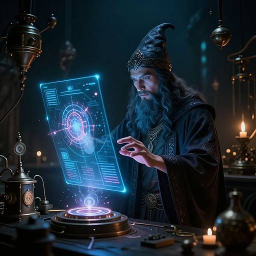 Magical wizard with long beard and pointed hat, wearing dark robes, conjures glowing blue hologram over illuminated circular device in dimly lit, candle