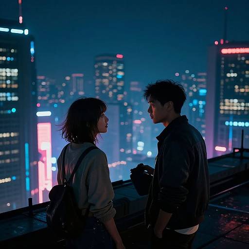 Photograph of a silhouetted couple standing on a rooftop at night, gazing at a vibrant cityscape with colorful neon lights.