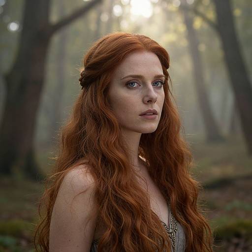 Photograph of a red-haired, fair-skinned woman with long, wavy hair, wearing a silver necklace, standing in a misty forest.