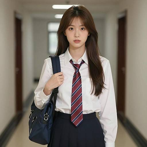 Asian Student in School Uniform in Hallway