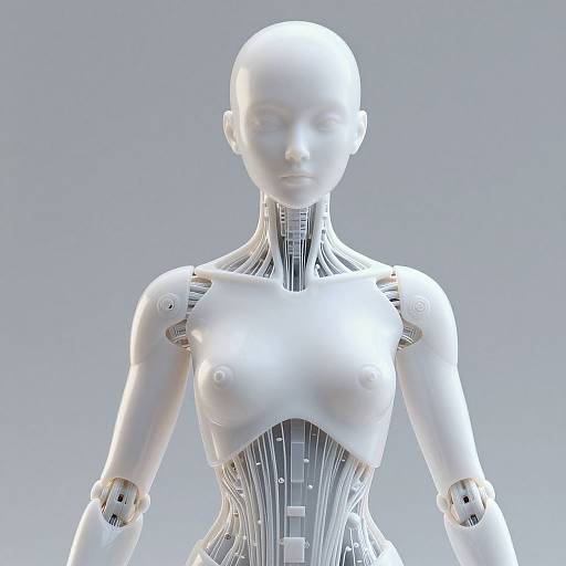 CGI image of a white, featureless, humanoid robot with exposed wiring and joints, standing against a gray gradient background.