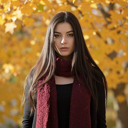 Photograph of a young woman with long, straight brown hair, wearing a black top and maroon scarf, standing against a backdrop of vibrant yellow autumn