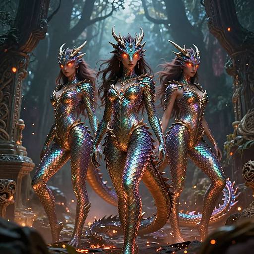 Iridescent Dragon Girls in Mystical Forest