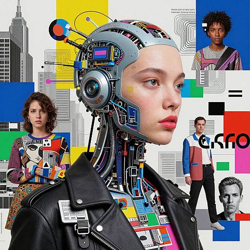 Digital artwork of a cybernetic woman with a robotic head, surrounded by diverse individuals, colorful geometric patterns, and cityscape elements.