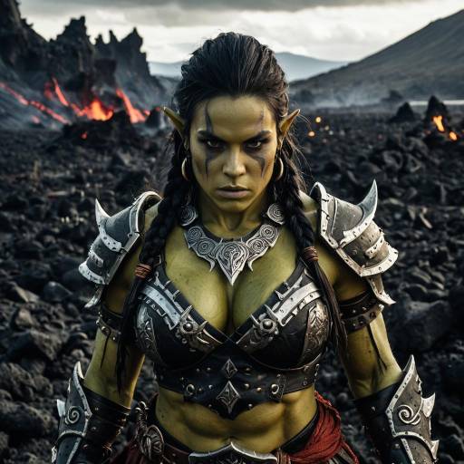 Fierce Female Orc Warrior in Volcanic Battlefield