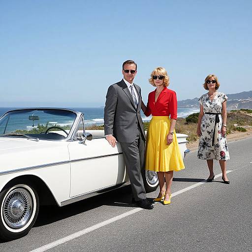 Photograph of a man in a gray suit, red blouse, and yellow skirt, and a woman in a white floral dress, standing beside a white