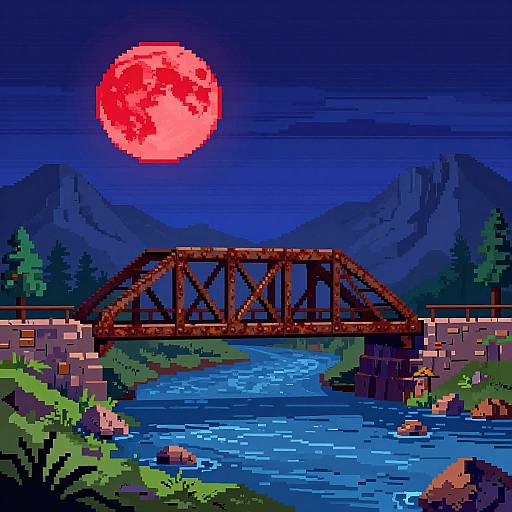 Surreal Pixel Art Rusted Iron Bridge