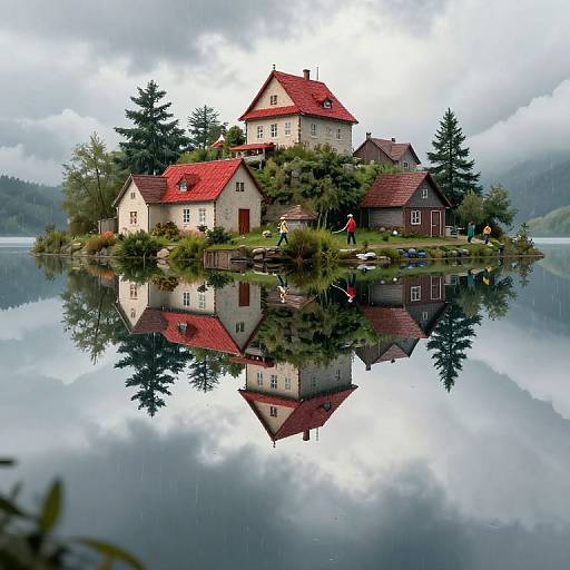 Upside-Down Village Over Mirrored Lake