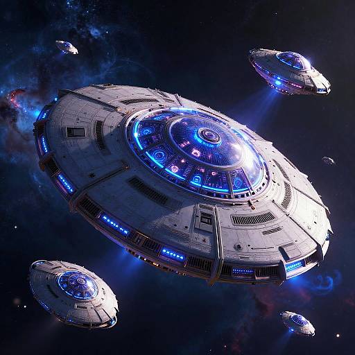 CGI image of a futuristic, glowing blue spaceship with four smaller, matching vessels in deep space, surrounded by cosmic nebula.