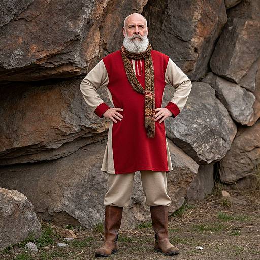 Photograph of a bald, bearded man with a white beard, wearing a red vest, beige tunic, brown boots, and a patterned