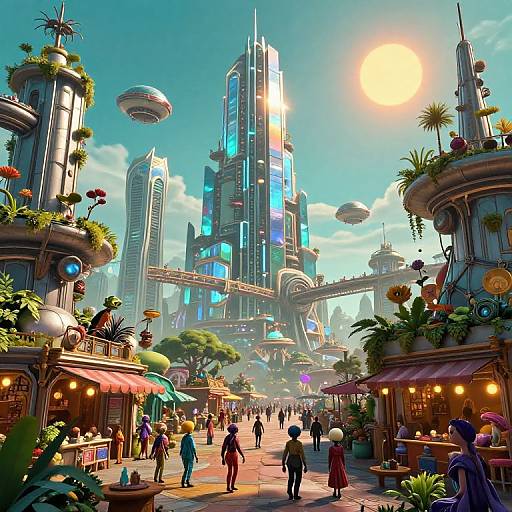 Vibrant, futuristic city street scene in CGI, featuring towering neon-lit skyscrapers, flying hovercraft, lush greenery, colorful market