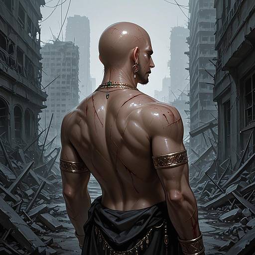 Muscular Bald Man with Scars in Ruined City