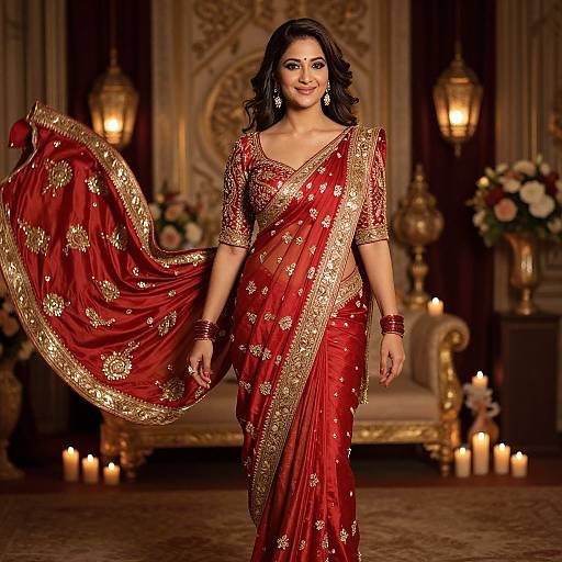 Photograph of a beautiful Indian woman in a vibrant red, gold-embroidered saree, walking confidently in an ornate, candlelit room
