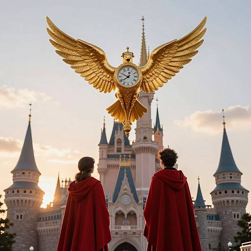 Photograph of two figures in red capes facing a golden winged clock tower against a sunset-lit Disney castle.