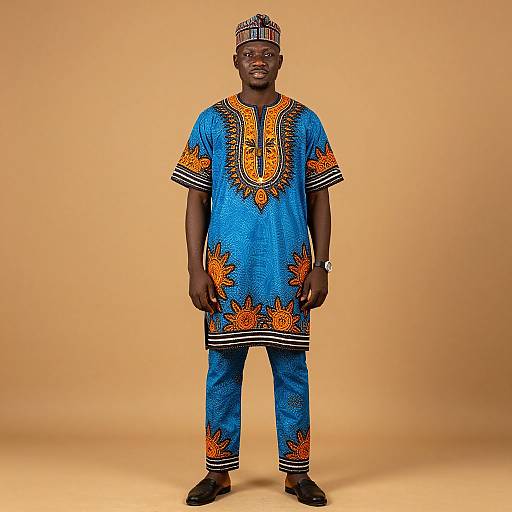 Photograph of a Black man in vibrant blue dashiki with orange and black patterns, matching pants, and a patterned cap, standing against a solid