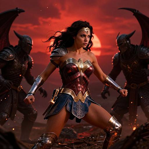 Digital artwork: Strong, dark-haired Wonder Woman in metallic armor confronts shadowy, horned warriors against a fiery red sunset sky. Intense,