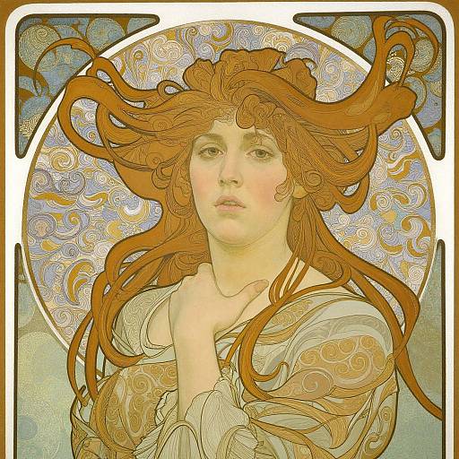 Art Nouveau-style digital painting of a fair-skinned woman with flowing auburn hair, delicate features, and intricate, swirling golden and blue background