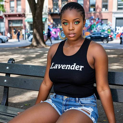 Photograph of a Black woman with braided hair, green eyeshadow, large gold hoop earrings, black 