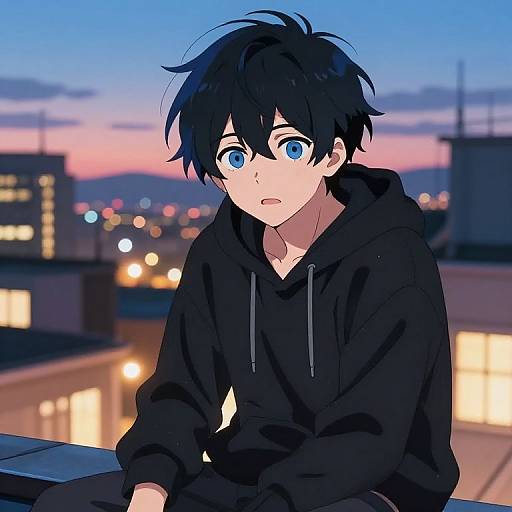 Anime-style digital drawing of a young boy with black hair and blue eyes, wearing a black hoodie, sitting on a rooftop at twilight, with a city