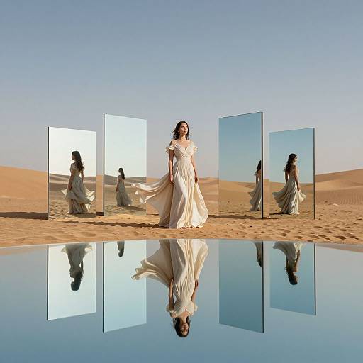 Photograph of a woman in a flowing white dress, standing in a desert with four glass panels and a reflective pool, her reflection mirrored in the water