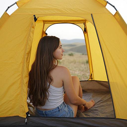Photograph of a young woman with long brown hair, wearing a white tank top and denim shorts, sitting inside a bright yellow camping tent, looking outside