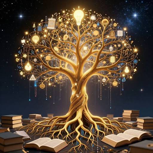 Digital artwork of a glowing, golden tree with illuminated symbols and books beneath, set against a starry night sky, surrounded by open books.