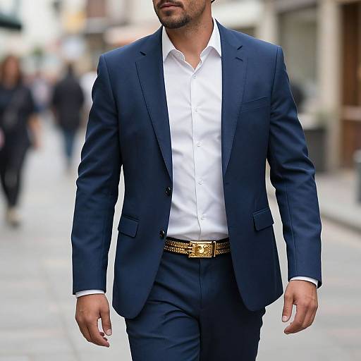 Photograph of a handsome man in a dark navy suit, white shirt, and gold-buckled belt, walking down a blurred city street.