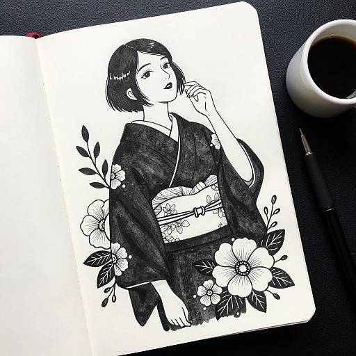 Elegant Ink Illustration of a Kimono Woman