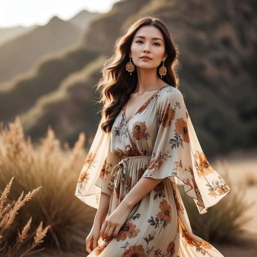 Young Woman in Vintage Floral Maxi Dress Outdoors