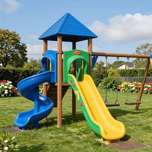 Vibrant Wooden Playground in Lush Lawn