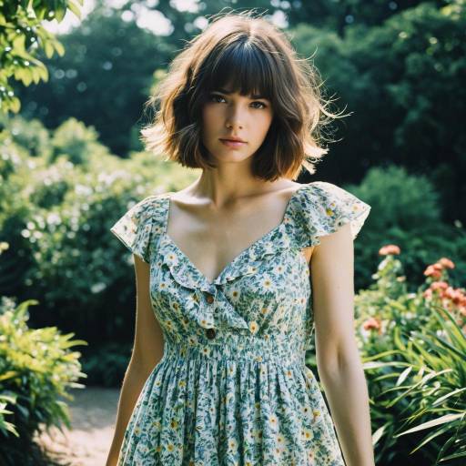 Woman with Shag Cut in Floral Dress at Botanical Garden